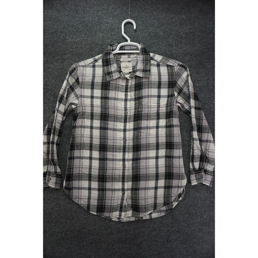 American Eagle Button Up Shirt Womens Small Oversized Fit Gray White Plaid